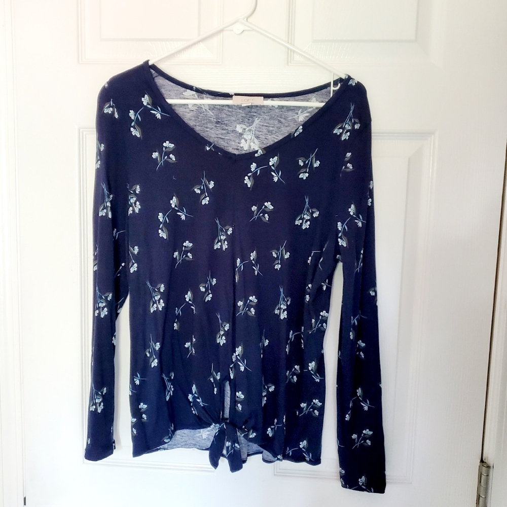 LOFT Navy Floral Long Sleeve Knit Tie-Front Top
